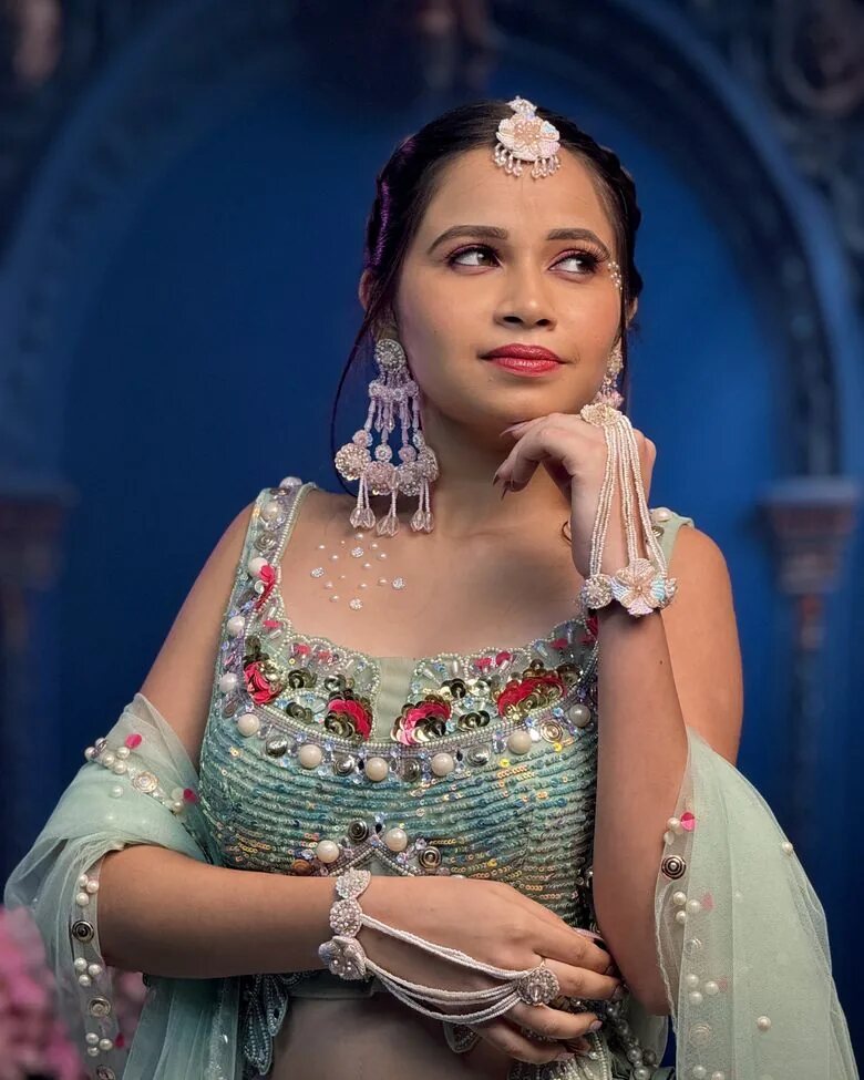 Engagement makeup with soft glam and pearl jewellery at The Sarita's Lounge, Wagholi